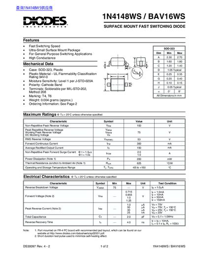 Diodes 1N4148WS / BAV16WS Datasheet - cover page