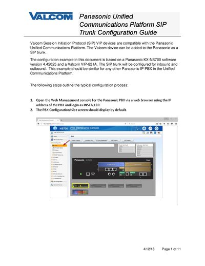 Panasonic KX-NS700 Unified Communications Platform SIP Trunk Configuration Guide - cover page