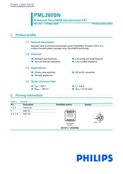 Philips PML260SN N-channel TrenchMOS FET Product Data Sheet - cover page