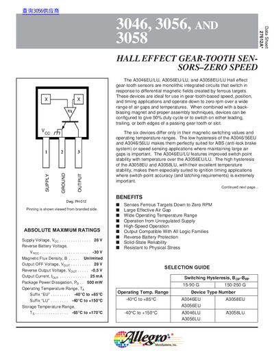 Allegro MicroSystems A3046EU/LU A3056EU/LU A3058EU/LU Hall Effect Gear-Tooth Sensors Datasheet - cover page