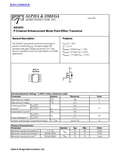 Alpha & Omega Semiconductor AO4401 P-Channel Enhancement Mode Field Effect Transistor Datasheet - cover page