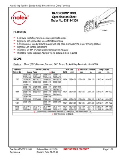MOLEX HAND CRIMP TOOL Specification Sheet Order No. 63819-1300 - cover page