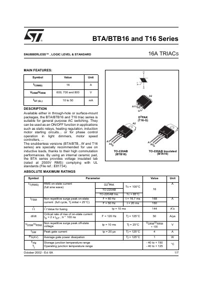 STMicroelectronics BTA/BTB16 and T16 Series TRIAC Datasheet - cover page