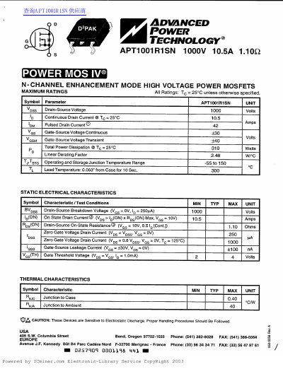 Advanced Power Technology APT1001R1SN N-Channel Enhancement Mode High Voltage Power MOSFET Datasheet - cover page