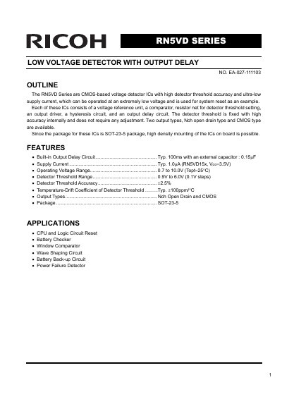 Ricoh RN5VD Series Low Voltage Detector Datasheet - cover page