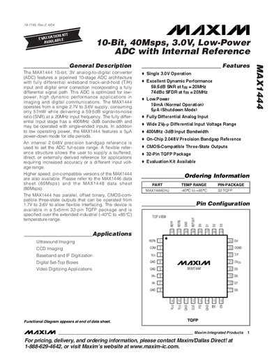 Maxim MAX1444 10‑Bit Low‑Power ADC Datasheet - cover page