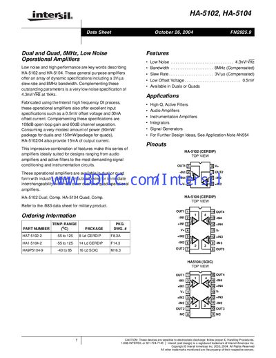 Intersil HA-5102/HA-5104 Operational Amplifier Datasheet - cover page