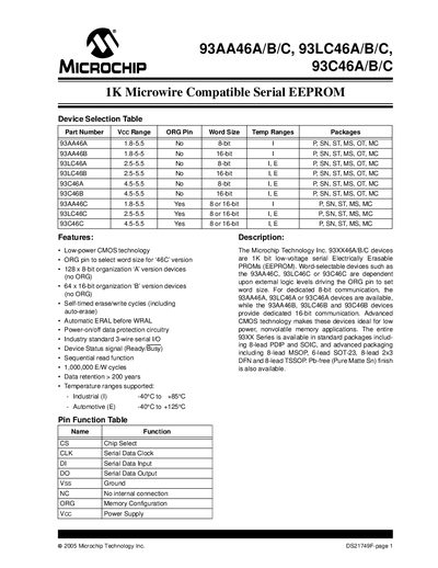 MICROCHIP 93AA46A/B/C 93LC46A/B/C 93C46A/B/C Datasheet - cover page