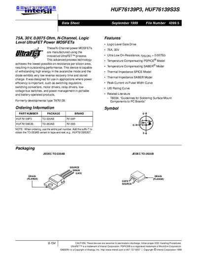Intersil HUF76139P3/HUF76139S3S N-Channel Power MOSFET Datasheet - cover page
