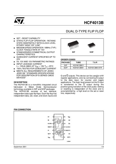 STMicroelectronics HCF4013B Dual D-Type Flip‑Flop Datasheet - cover page