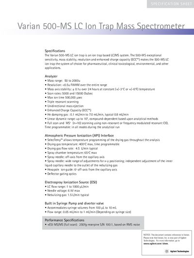 Varian 500-MS LC Ion Trap Mass Spectrometer Specifications - cover page
