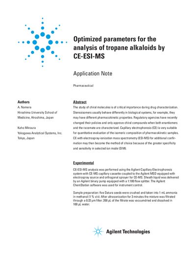Agilent 5990-3395EN Optimized parameters for the analysis of tropane alkaloids by CE-ESI-MS Application Note - cover page