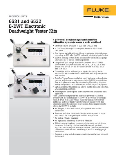Fluke 6531 and 6532 E-DWT Electronic Deadweight Tester Kits Datasheet - cover page
