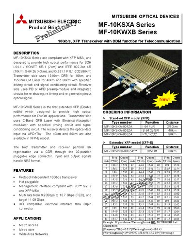 Mitsubishi MF-10KSXA/MF-10KWXB Series 10Gb/s XFP Transceiver Product Brief - cover page