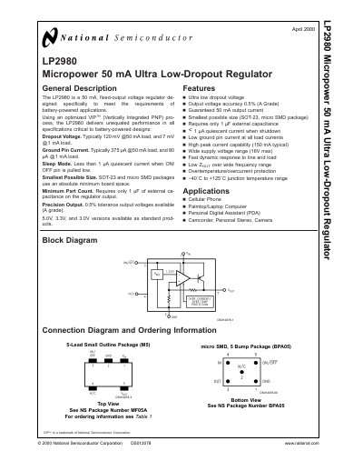 National LP2980 Micropower 50 mA Ultra Low‑Dropout Regulator Datasheet - cover page