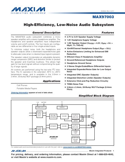 Maxim MAX97003 High-Efficiency Low-Noise Audio Subsystem Datasheet - cover page
