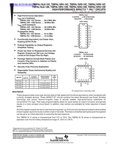 TEXAS INSTRUMENTS TIBPAL16R4-10C TIBPAL16R6-10C TIBPAL16R8-10C TIBPAL16R4-12M TIBPAL16R6-12M TIBPAL16R8-12M HIGH-PERFORMANCE IMPACT-X PAL CIRCUITS Data Sheet 
