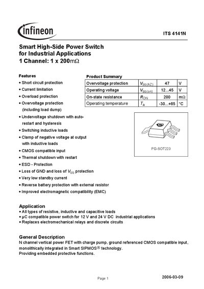 Infineon ITS 4141N Smart High‑Side Power Switch Datasheet - cover page