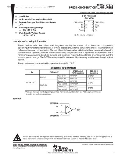Texas Instruments OP07C OP07D Datasheet - cover page
