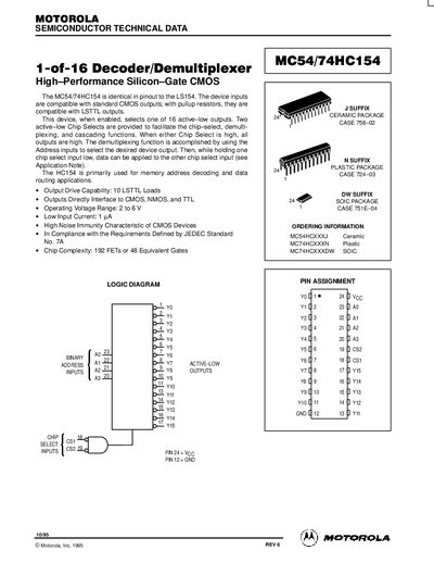 Motorola MC54/74HC154 Datasheet - cover page