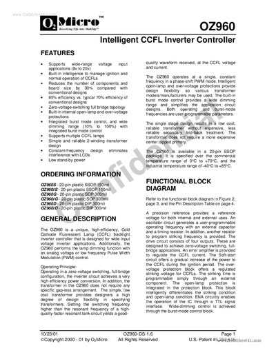 Micro OZ960 Data sheet  - cover page