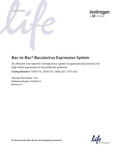 Life Technologies Bac-to-Bac® Baculovirus Expression System User Guide - cover page