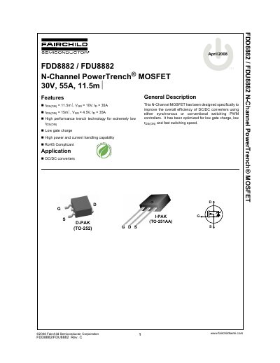 Fairchild FDD8882/FDU8882 N-Channel MOSFET Datasheet - cover page