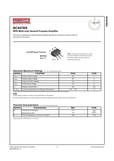 Fairchild Semiconductor BC847BS NPN Multi-chip General Purpose Amplifier Datasheet - cover page