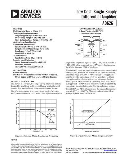 Analog Devices AD626 Differential Amplifier Datasheet - cover page
