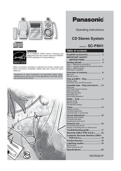 Panasonic SC-PM41 CD Stereo System Operating Instructions - cover page