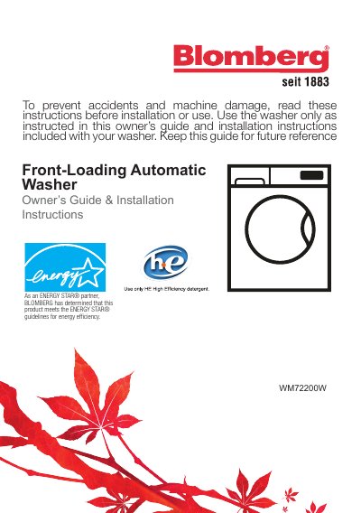 Blomberg WM72200W Front-Loading Automatic Washer Owner's Guide & Installation Instructions - cover page
