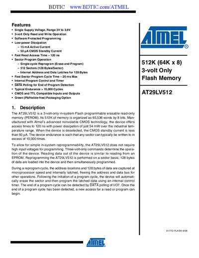 Atmel AT29LV512 Flash Memory Datasheet - cover page