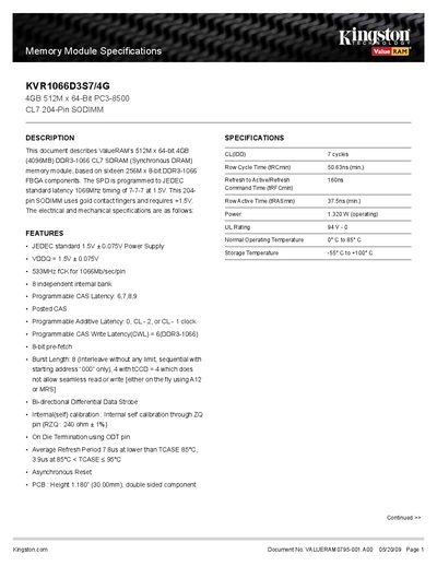 Kingston KVR1066D3S7/4G Memory Module Specifications - cover page