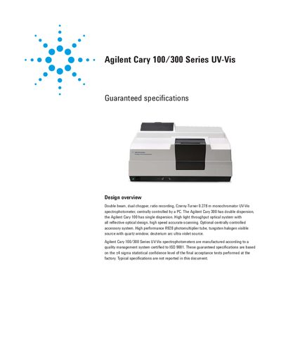 Agilent Cary 100/300 Series UV-Vis Spectrophotometer Guaranteed Specifications - cover page