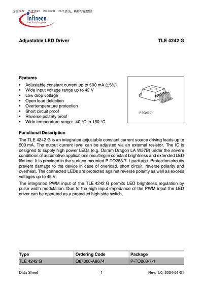 Infineon TLE4242G Adjustable LED Driver Datasheet - cover page