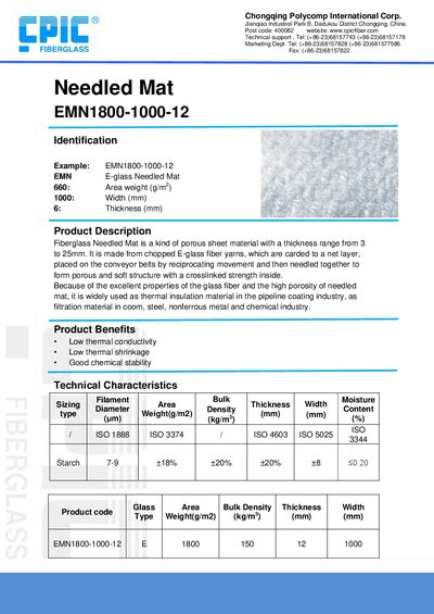 Chongqing Polycomp EMN1800-1000-12 Fiberglass Needled Mat Datasheet - cover page