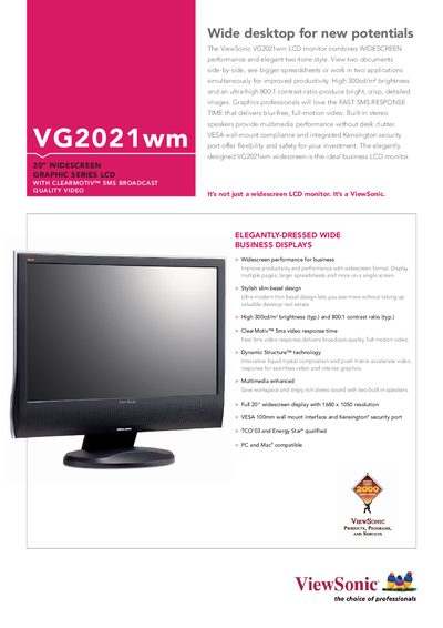 ViewSonic VG2021wm 20" Widescreen LCD Monitor User Manual - cover page