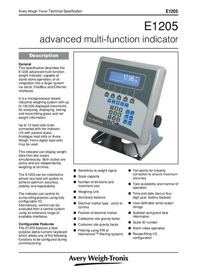Avery Weigh‑Tronix E1205 Technical Specification - cover page