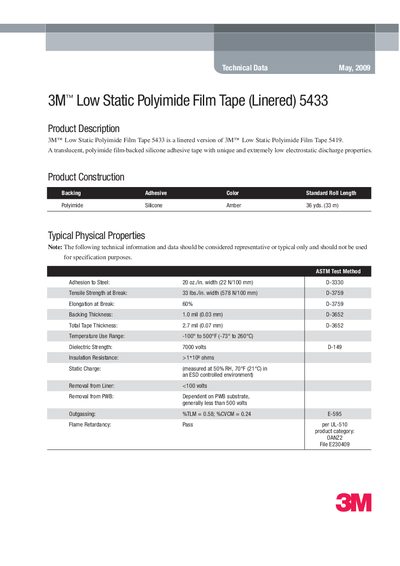 3M 5433 Low Static Polyimide Film Tape Linered Product Data Sheet - cover page