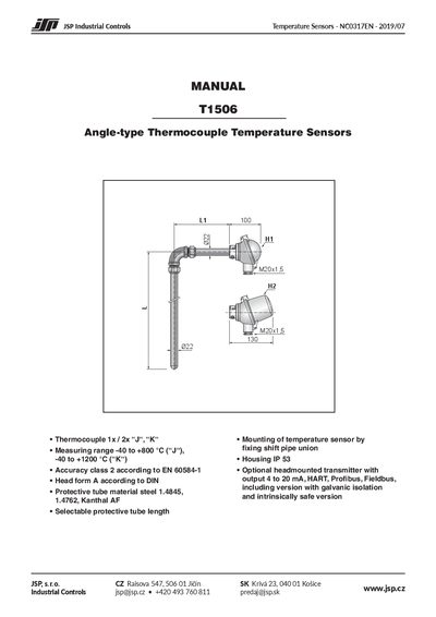 JSP T1506 Angle-type Thermocouple Temperature Sensor Manual - cover page