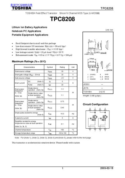 Toshiba TPC8208 Field Effect Transistor Datasheet - cover page
