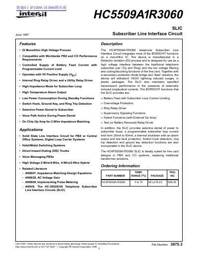 Intersil HC5509A1R3060 Subscriber Line Interface Circuit Datasheet