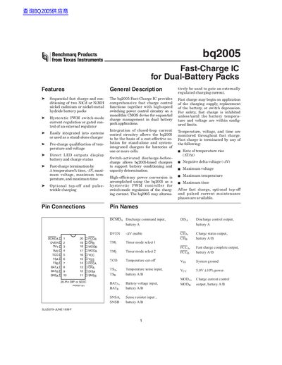 Texas Instruments bq2005 Fast-Charge IC Datasheet - cover page