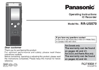 Panasonic RR-US570 IC Recorder Operating Instructions - cover page