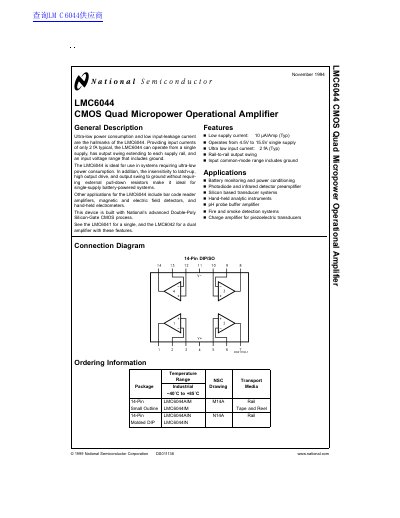 National Semiconductor LMC6044 CMOS Quad Micropower Operational Amplifier Datasheet - cover page