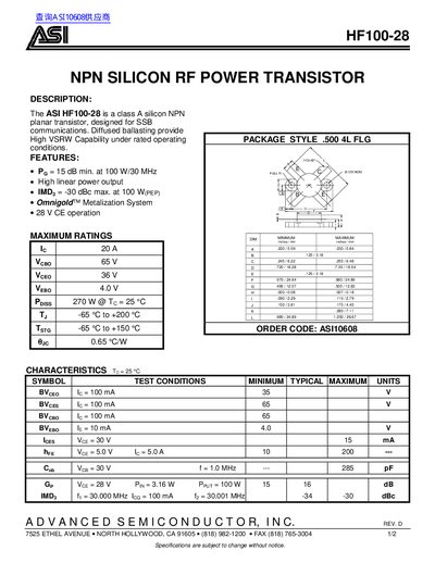 ASI HF100-28 NPN Silicon RF Power Transistor Datasheet - cover page