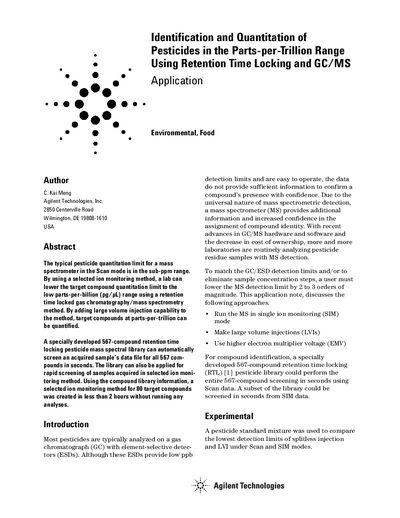 Agilent Pesticide Identification Quantitation Using Retention Time Locking GC/MS Application Note - cover page
