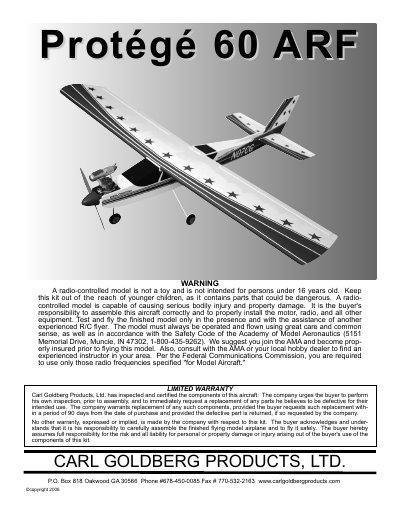 Carl Goldberg Products Protège 60 ARF Assembly and Operation Manual - cover page