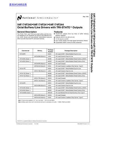 National Semiconductor 54F/74F240, 54F/74F241, 54F/74F244 Octal Buffers/Line Drivers with TRI-STATE Outputs Datasheet - cover page