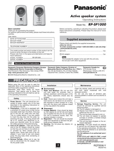 Panasonic RP-SP1000 Active Speaker System Operating Instructions - cover page